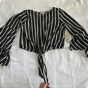 Black & White Striped Blouse with Bow and Layered Ruffle Sleeves